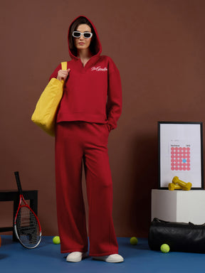 Red Fleece Conceal Zipper Pockets Track Pants-SASSAFRAS
