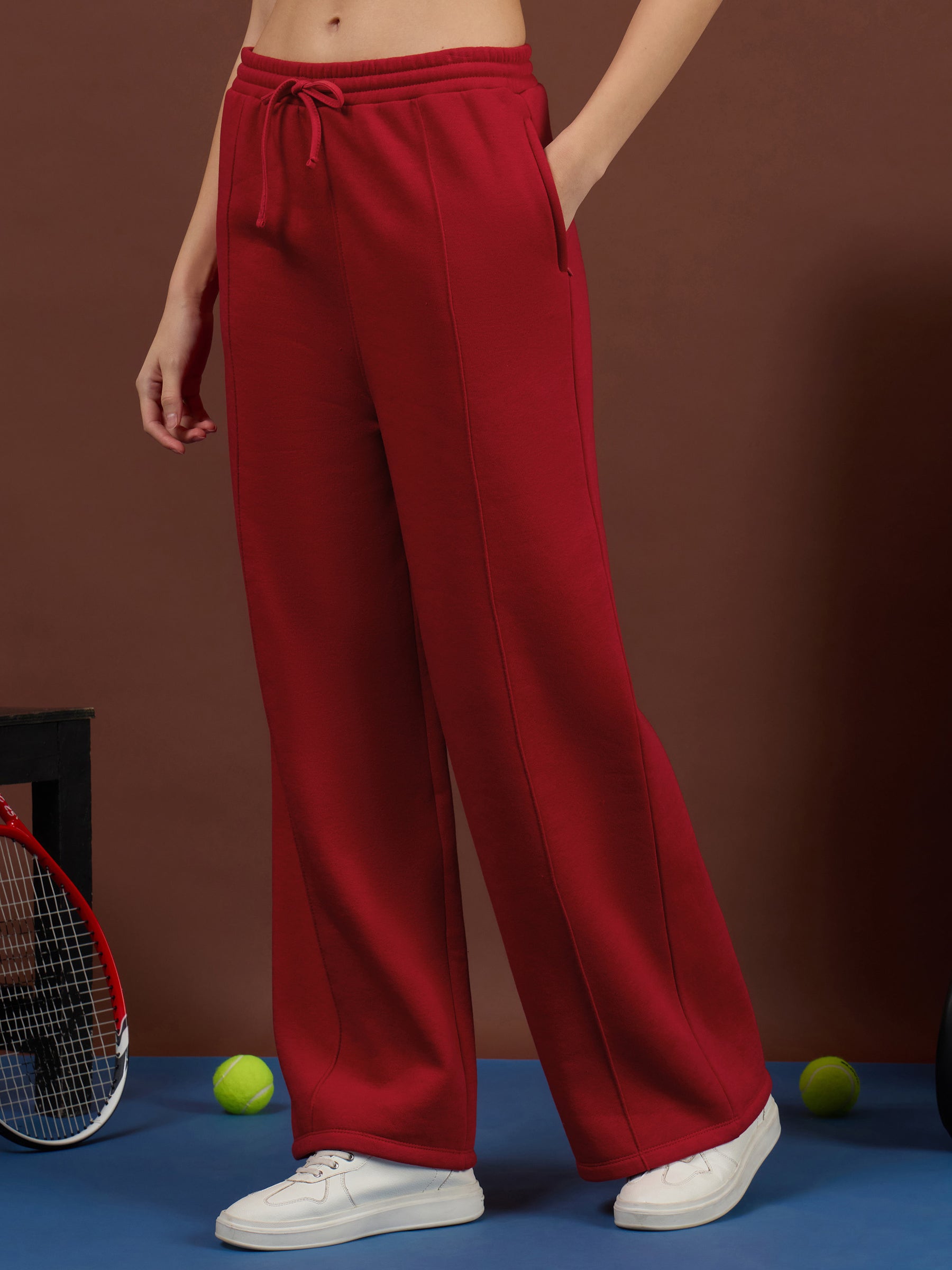 Red Fleece Conceal Zipper Pockets Track Pants-SASSAFRAS