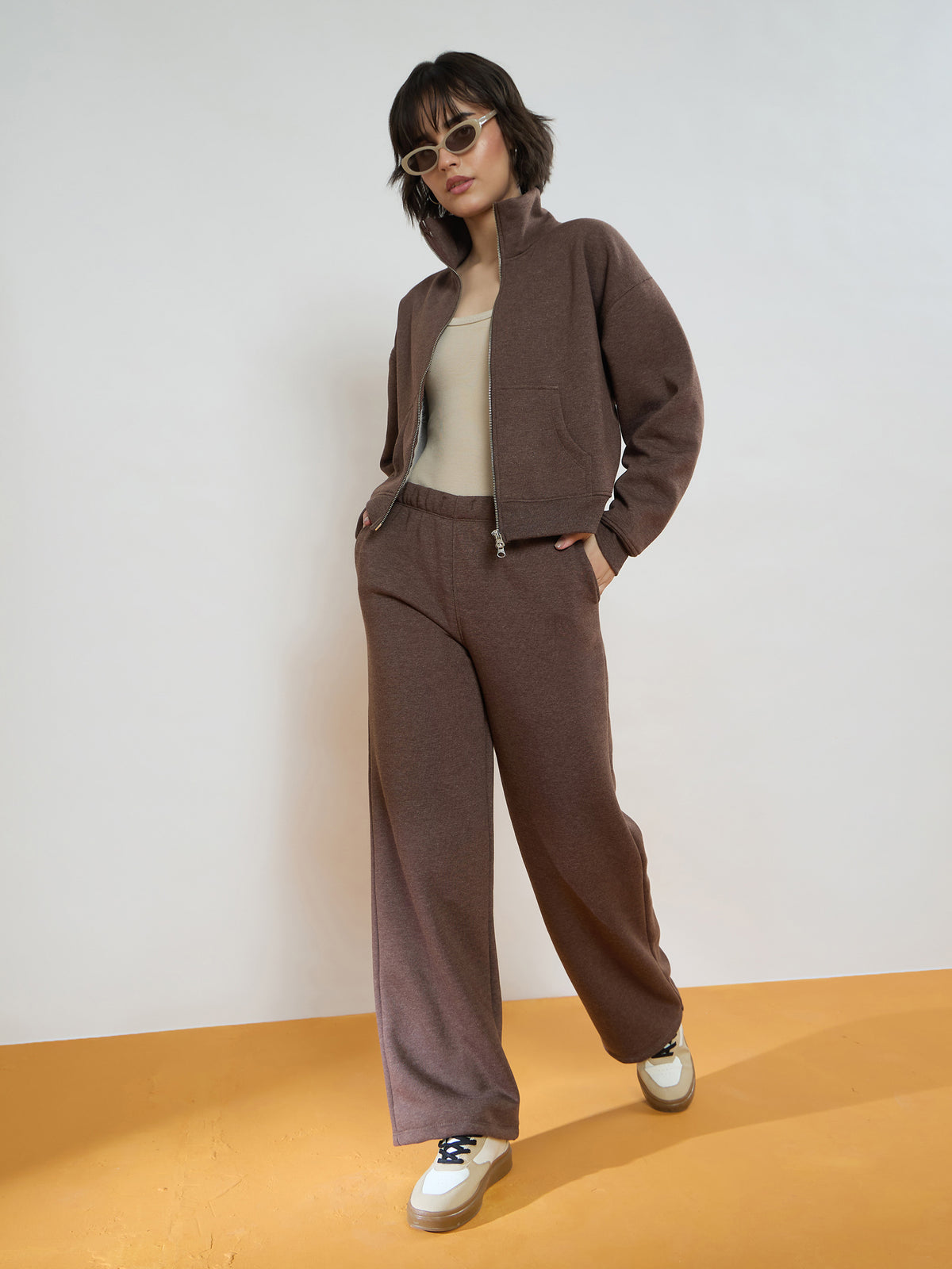 Brown Melange Fleece Side Pockets Track Pants-SASSAFRAS