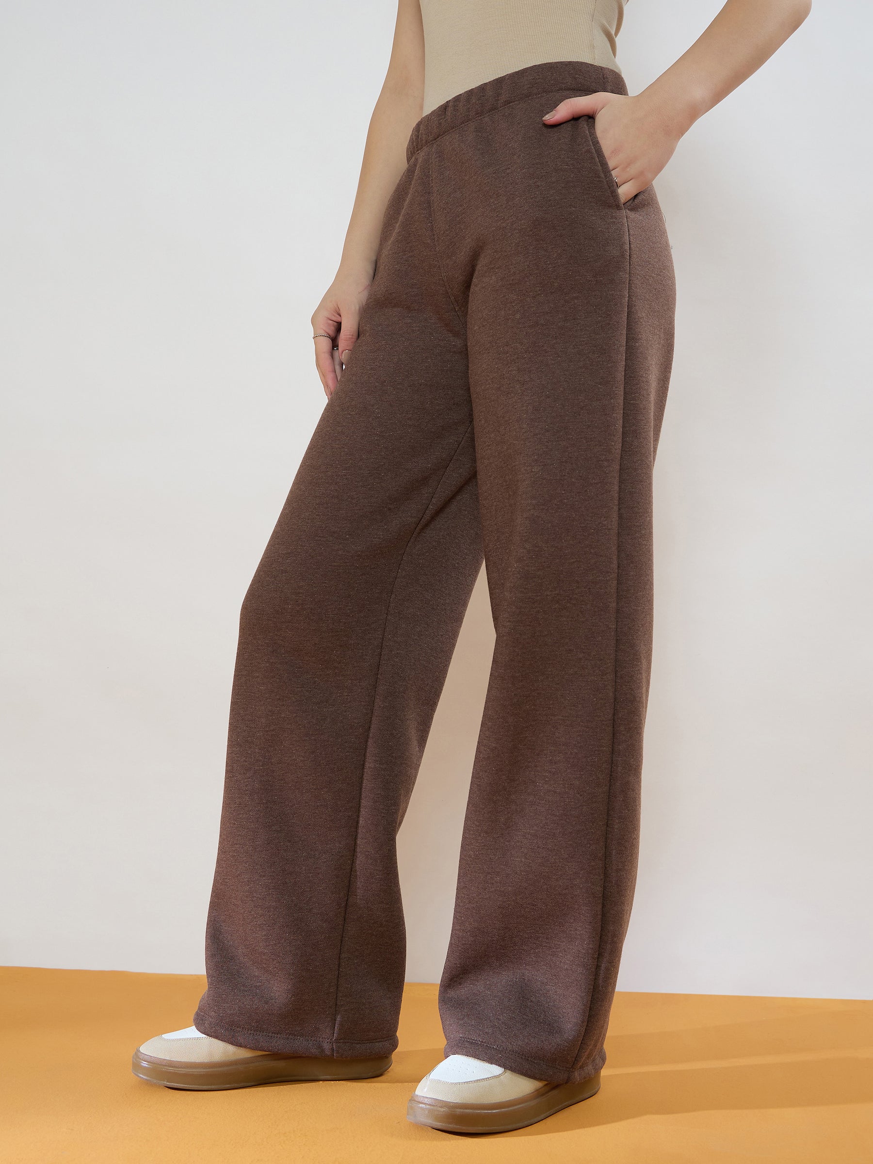 Brown Melange Fleece Side Pockets Track Pants-SASSAFRAS
