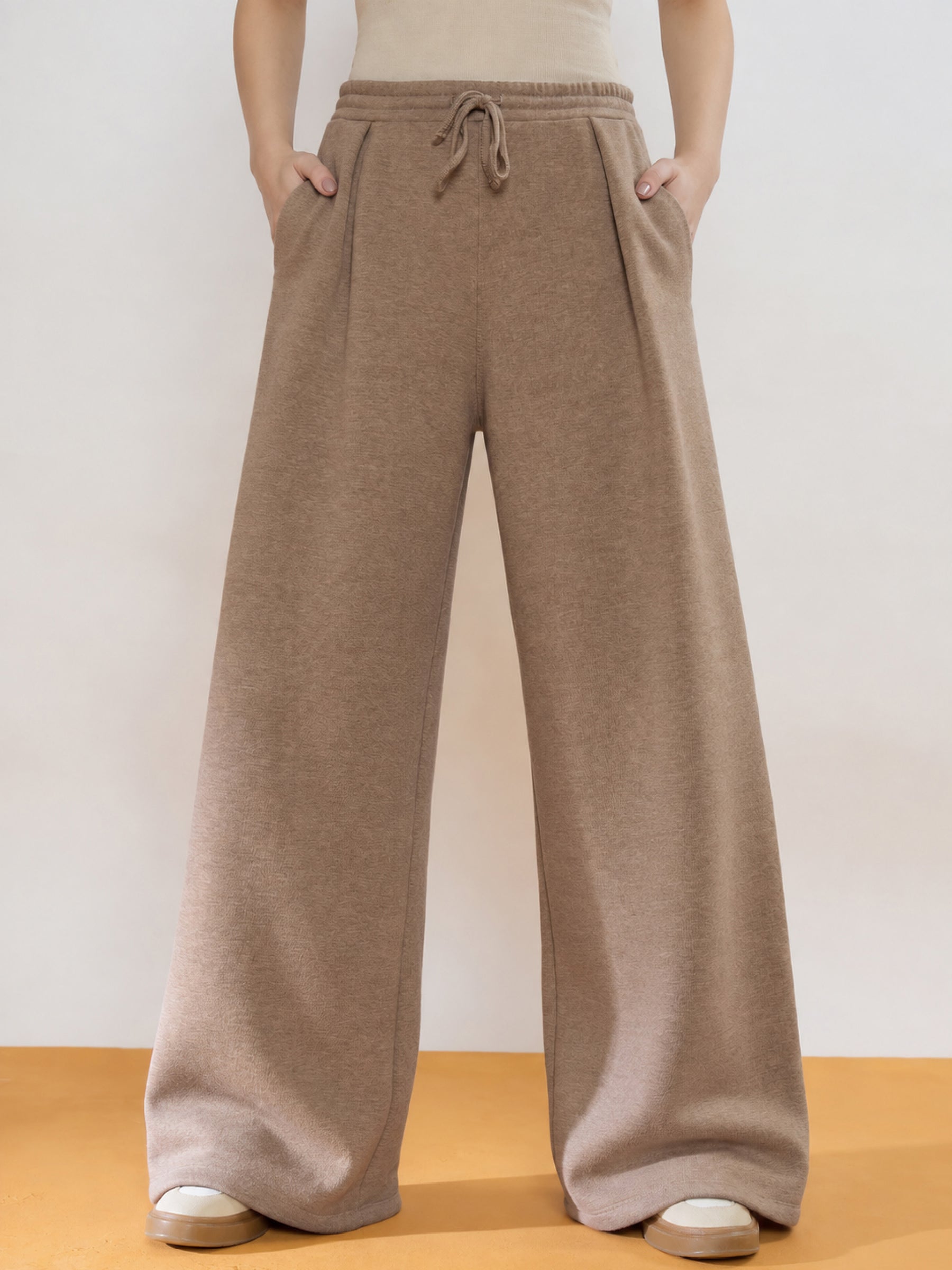 Beige Melange Fleece Front Pleated Track Pants-SASSAFRAS