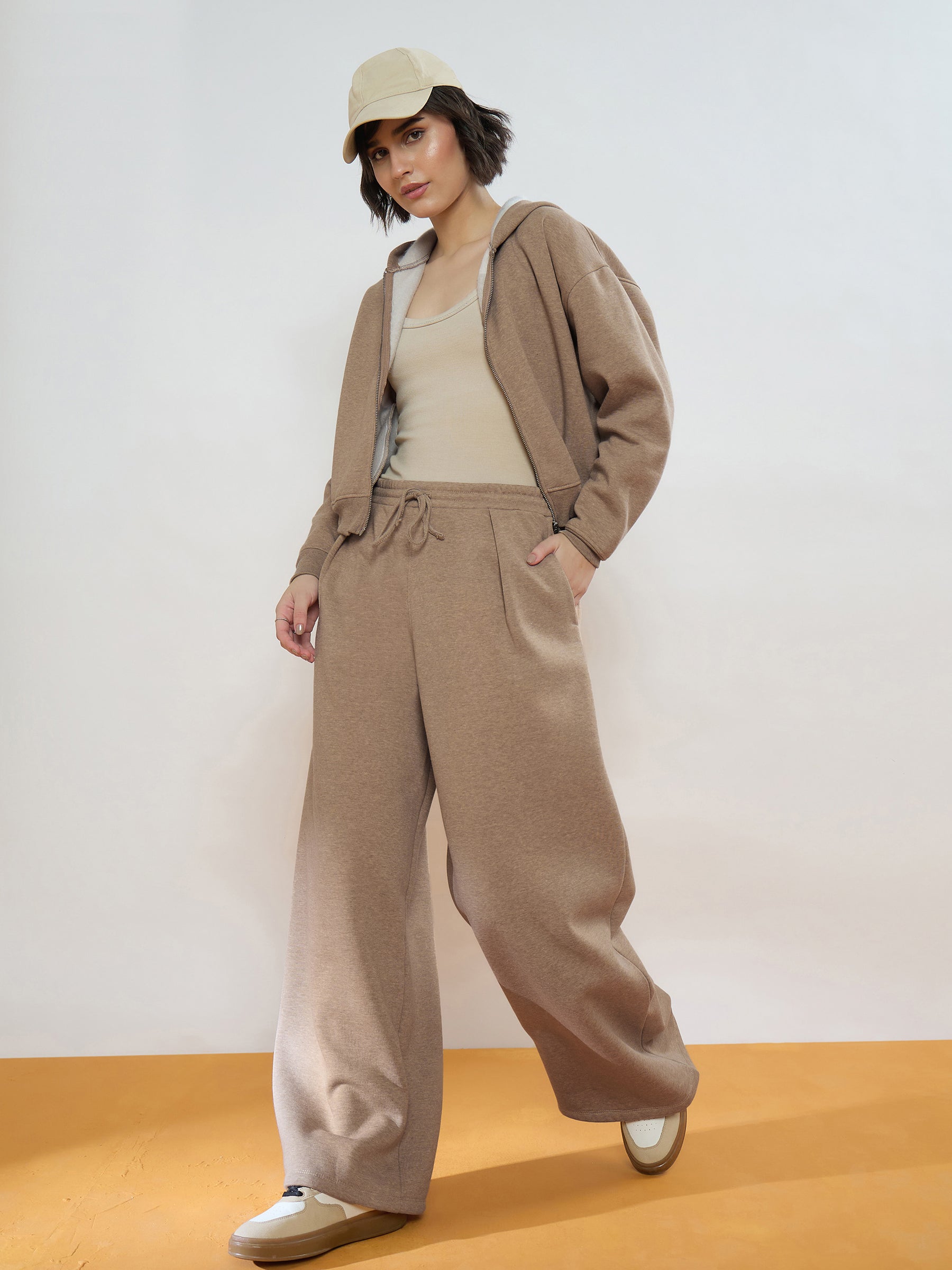 Beige Melange Fleece Front Pleated Track Pants-SASSAFRAS