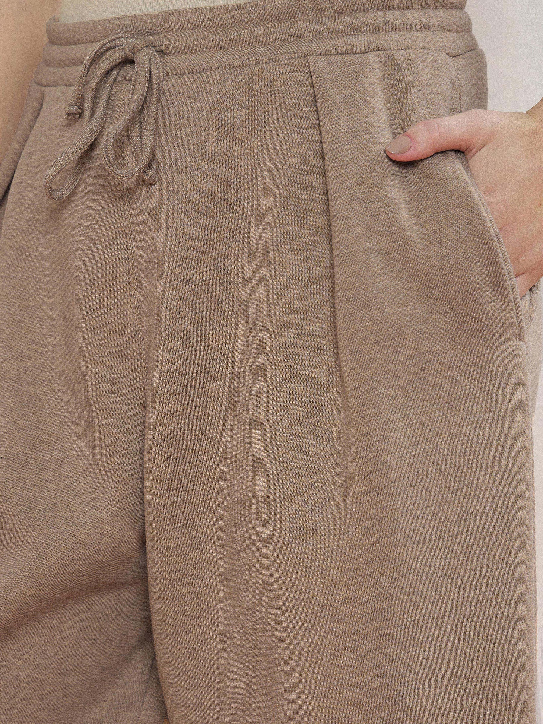 Beige Melange Fleece Front Pleated Track Pants-SASSAFRAS