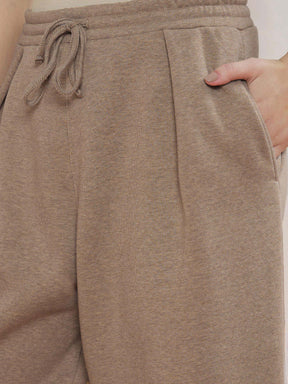 Beige Melange Fleece Front Pleated Track Pants-SASSAFRAS