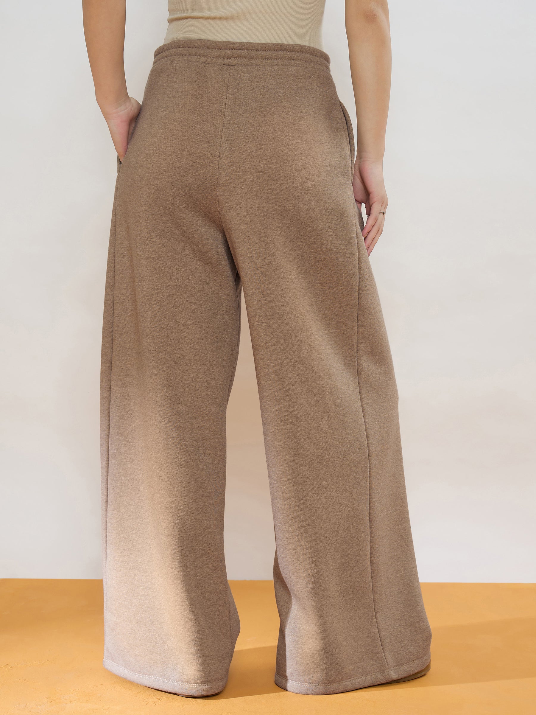Beige Melange Fleece Front Pleated Track Pants-SASSAFRAS