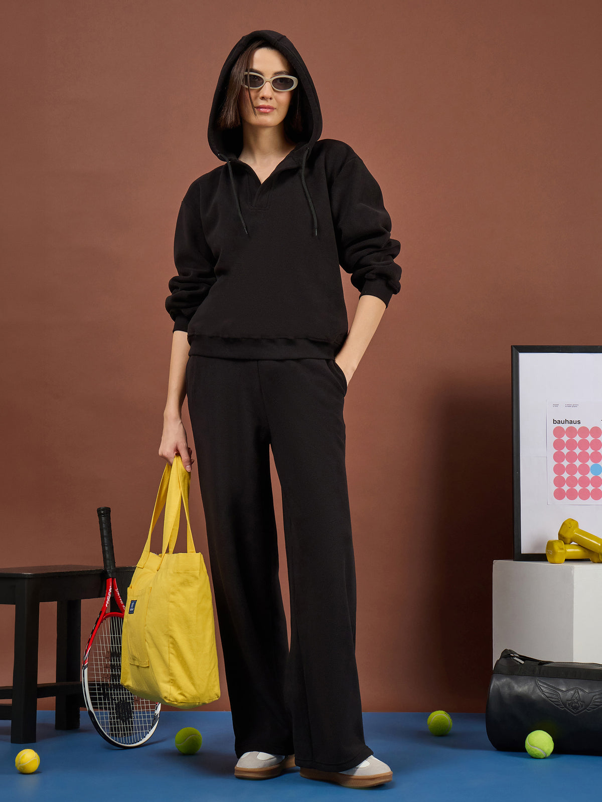 Black Polar Fleece Drawstring Track Pants-SASSAFRAS