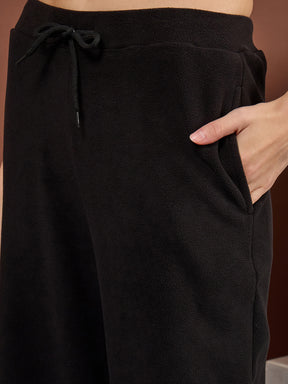 Black Polar Fleece Drawstring Track Pants-SASSAFRAS