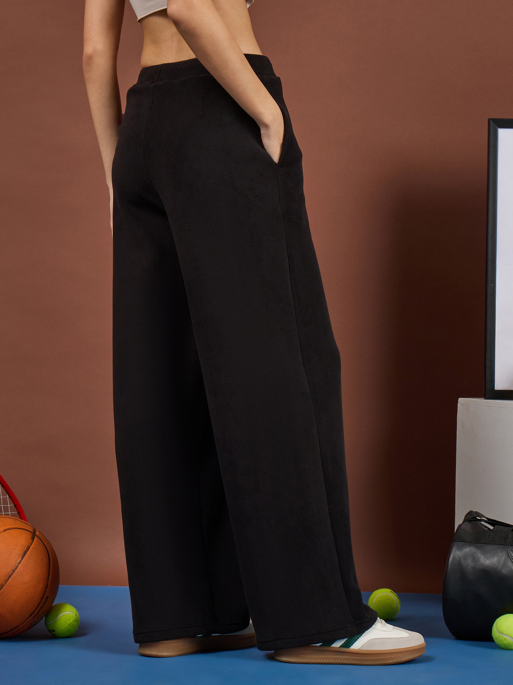 Black Polar Fleece Drawstring Track Pants-SASSAFRAS