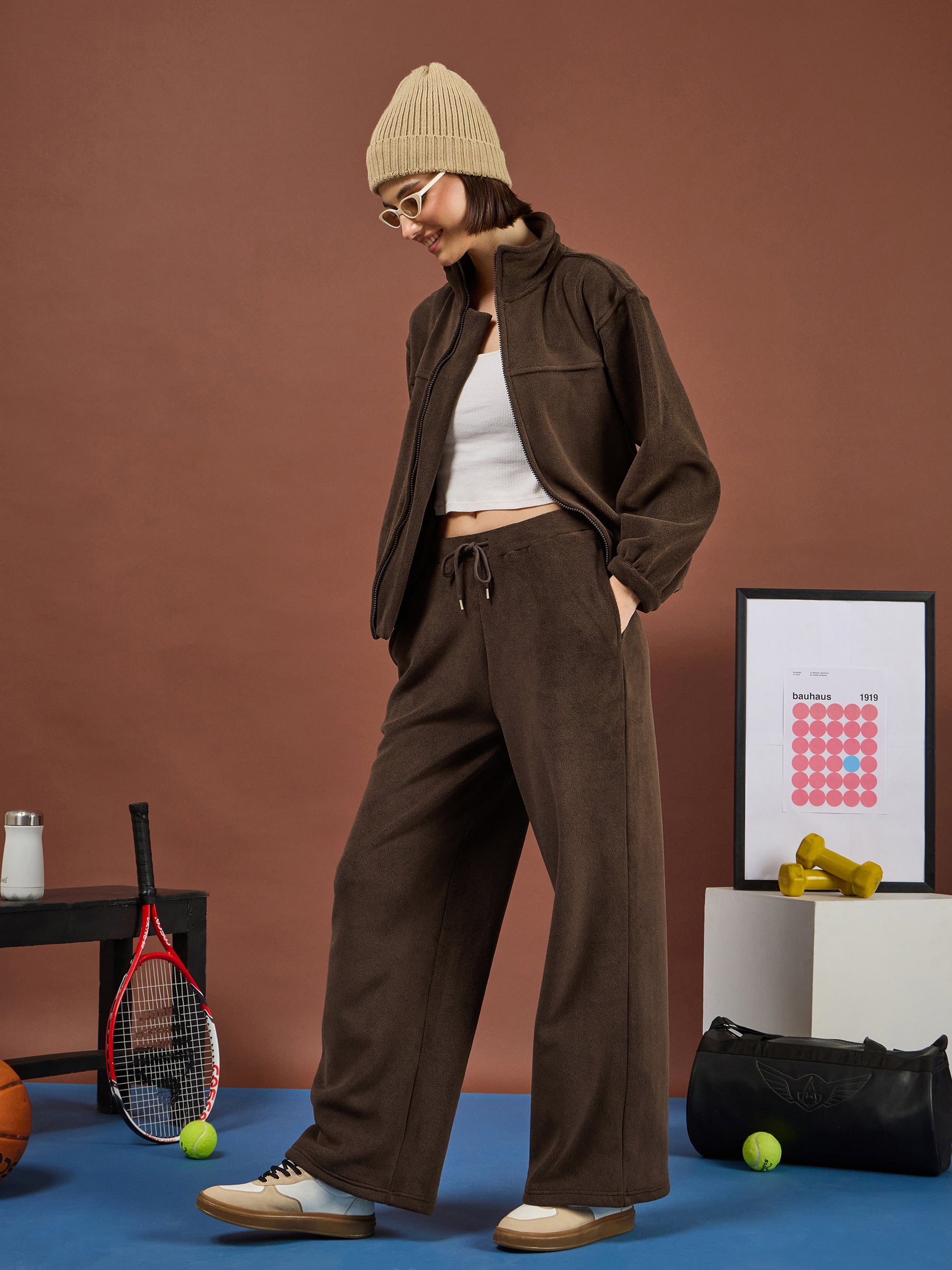 Brown Polar Fleece Drawstring Track Pants-SASSAFRAS