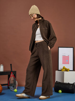 Brown Polar Fleece Drawstring Track Pants-SASSAFRAS