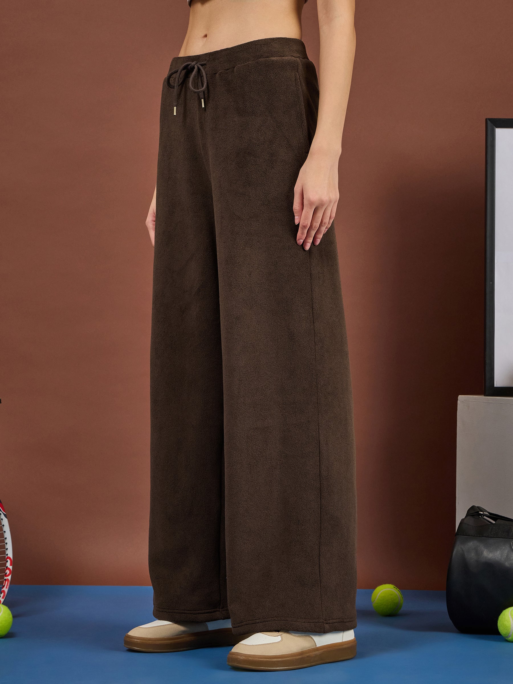 Brown Polar Fleece Drawstring Track Pants-SASSAFRAS