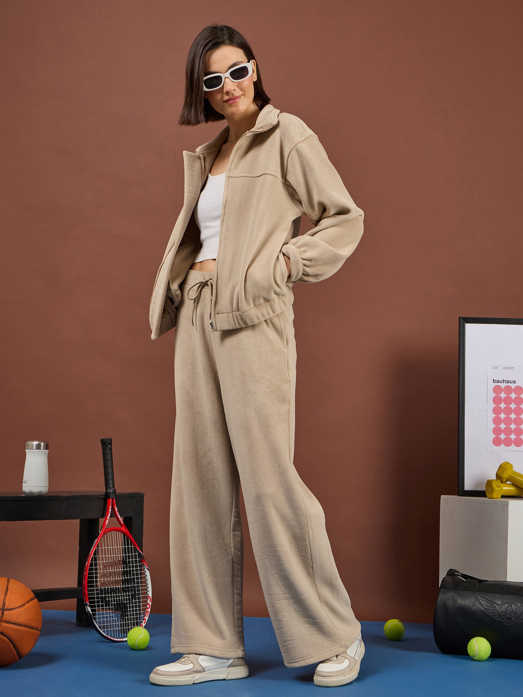 Light Beige Polar Fleece Drawstring Track Pants-SASSAFRAS