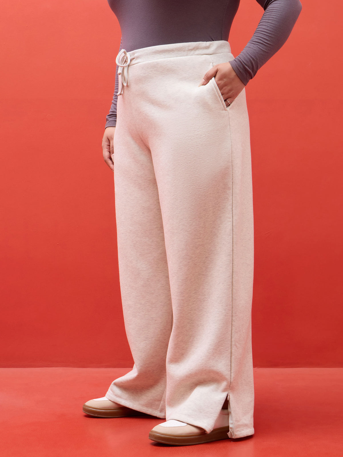 Off White Melange Hem Zipper Track Pants-SASSAFRAS Curve
