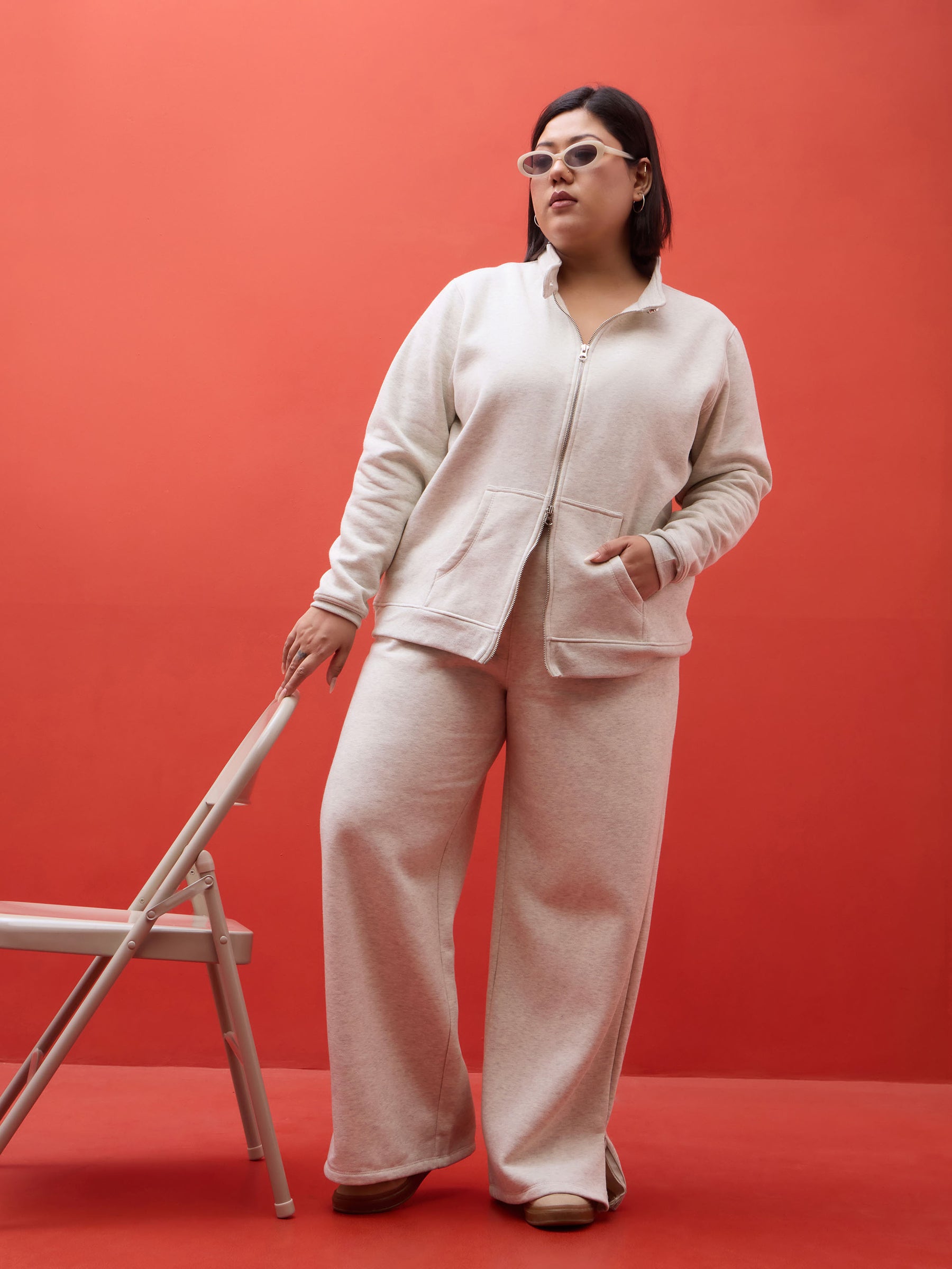 Off White Melange Hem Zipper Track Pants-SASSAFRAS Curve