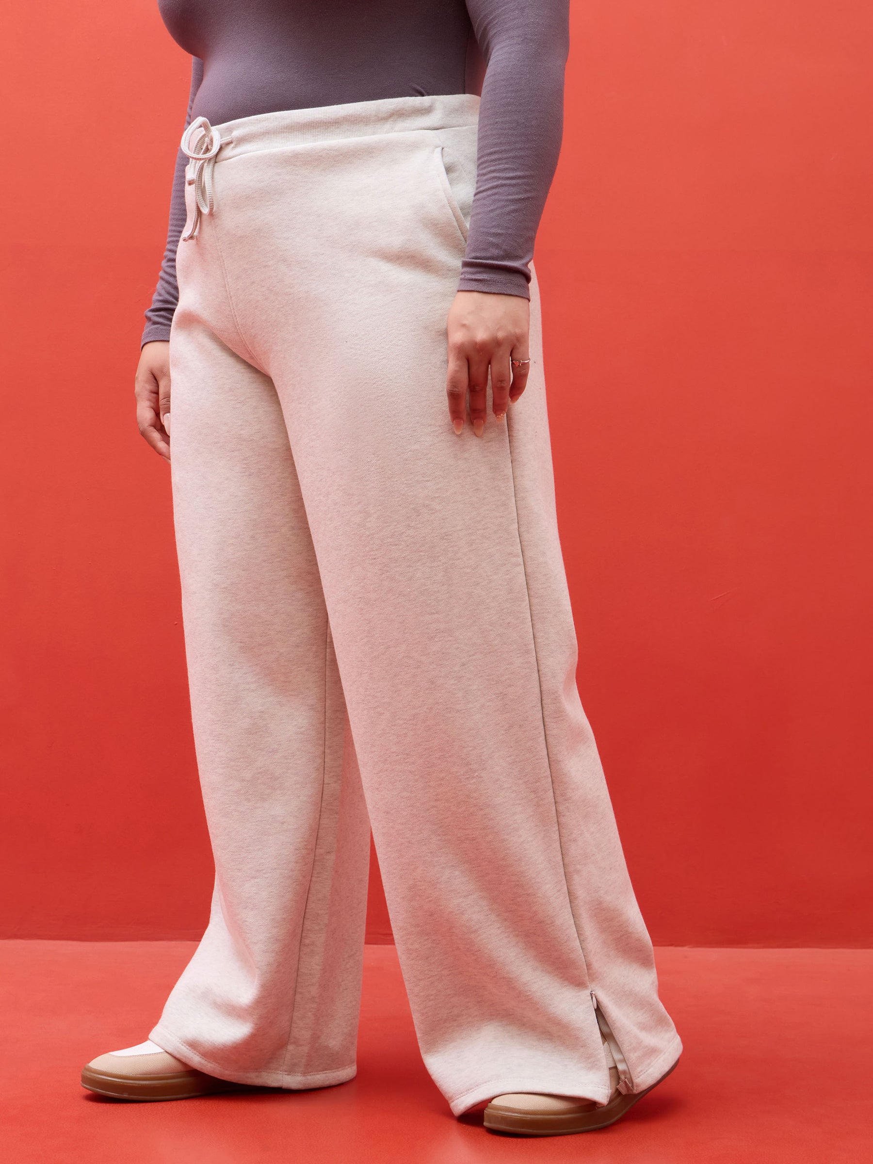Off White Melange Hem Zipper Track Pants-SASSAFRAS Curve