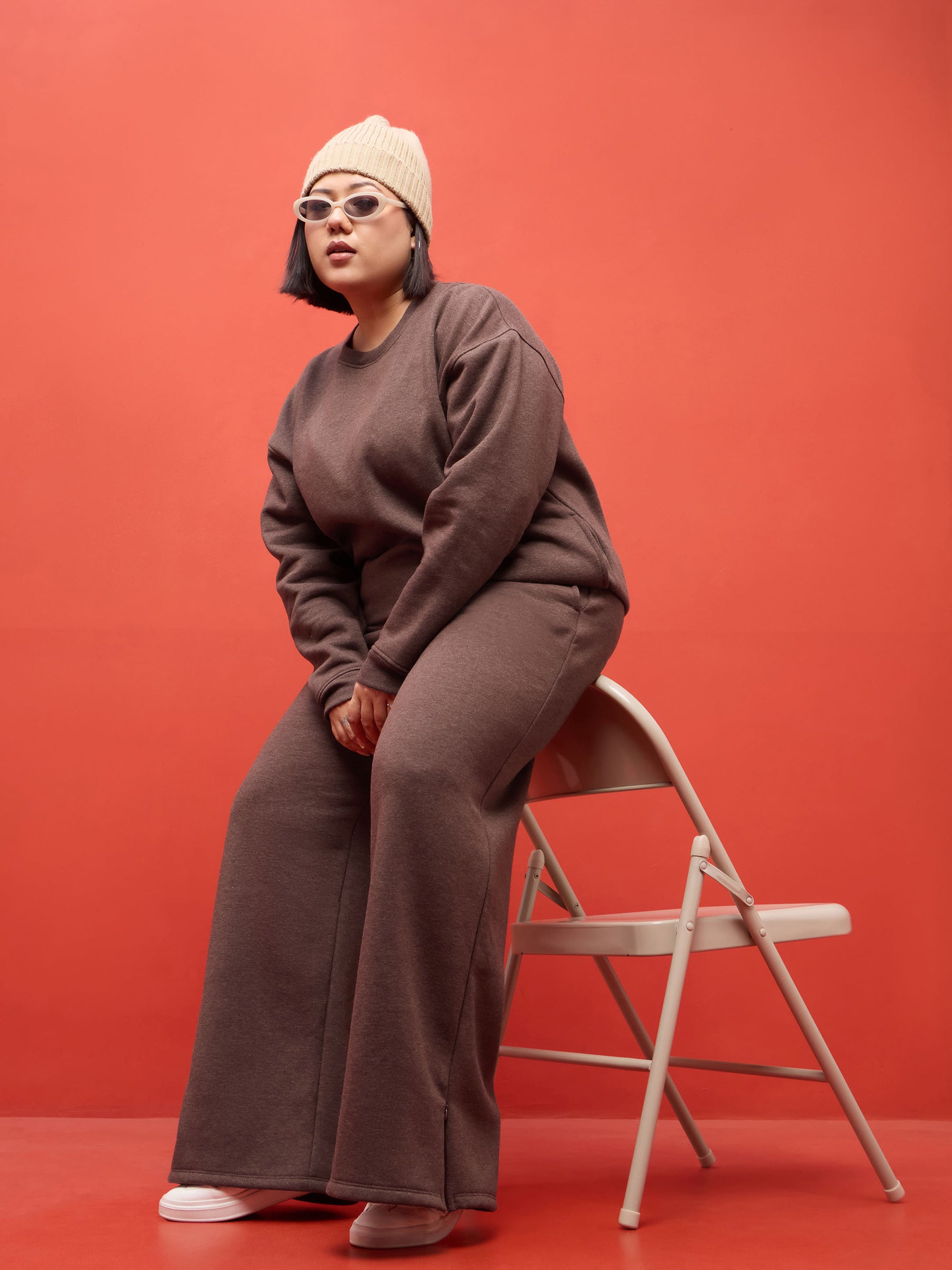 Brown Melange Hem Zipper Track Pants-SASSAFRAS Curve