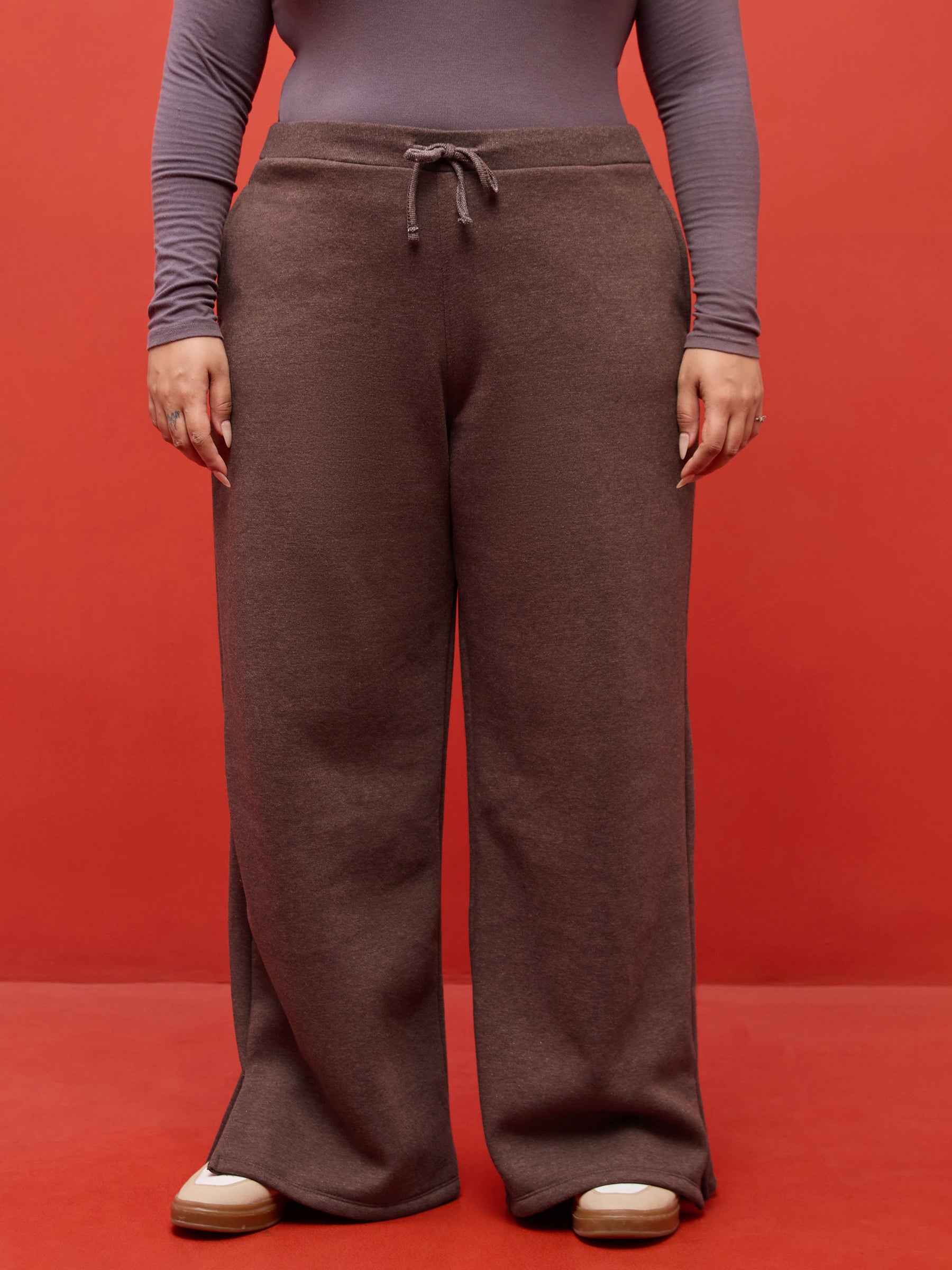 Brown Melange Hem Zipper Track Pants-SASSAFRAS Curve