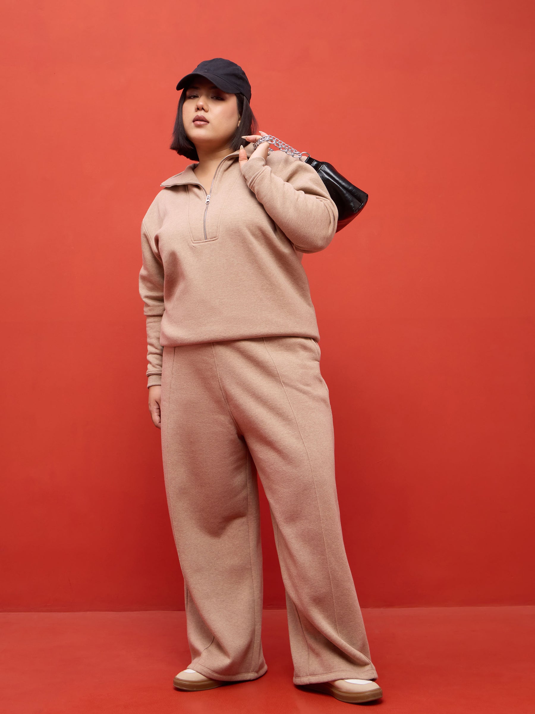 Beige Melange Track Pants-SASSAFRAS Curve
