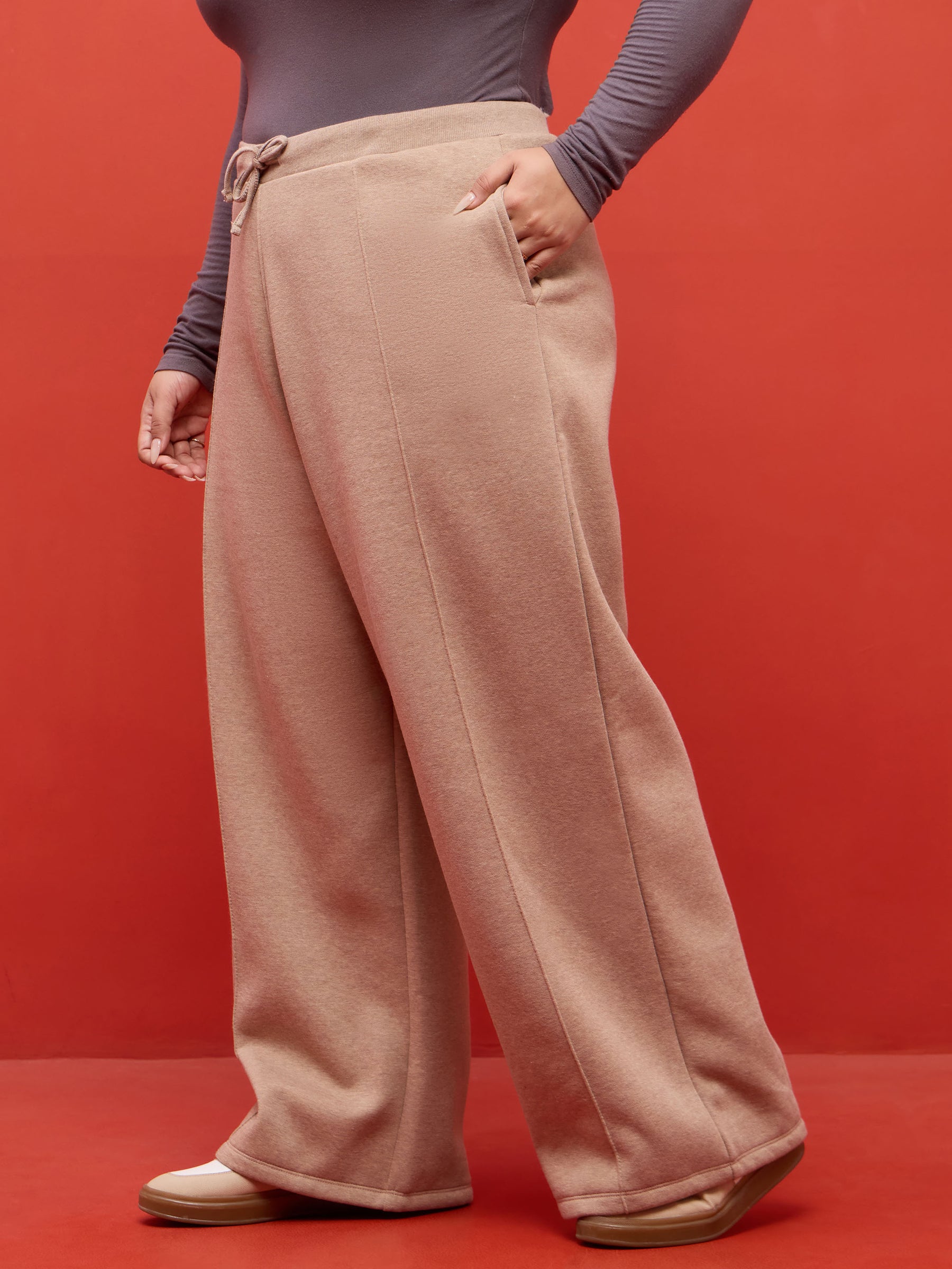 Beige Melange Track Pants-SASSAFRAS Curve