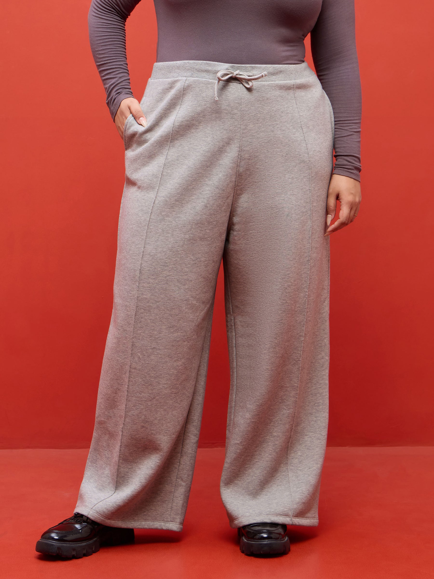 Grey Melange Track Pants-SASSAFRAS Curve