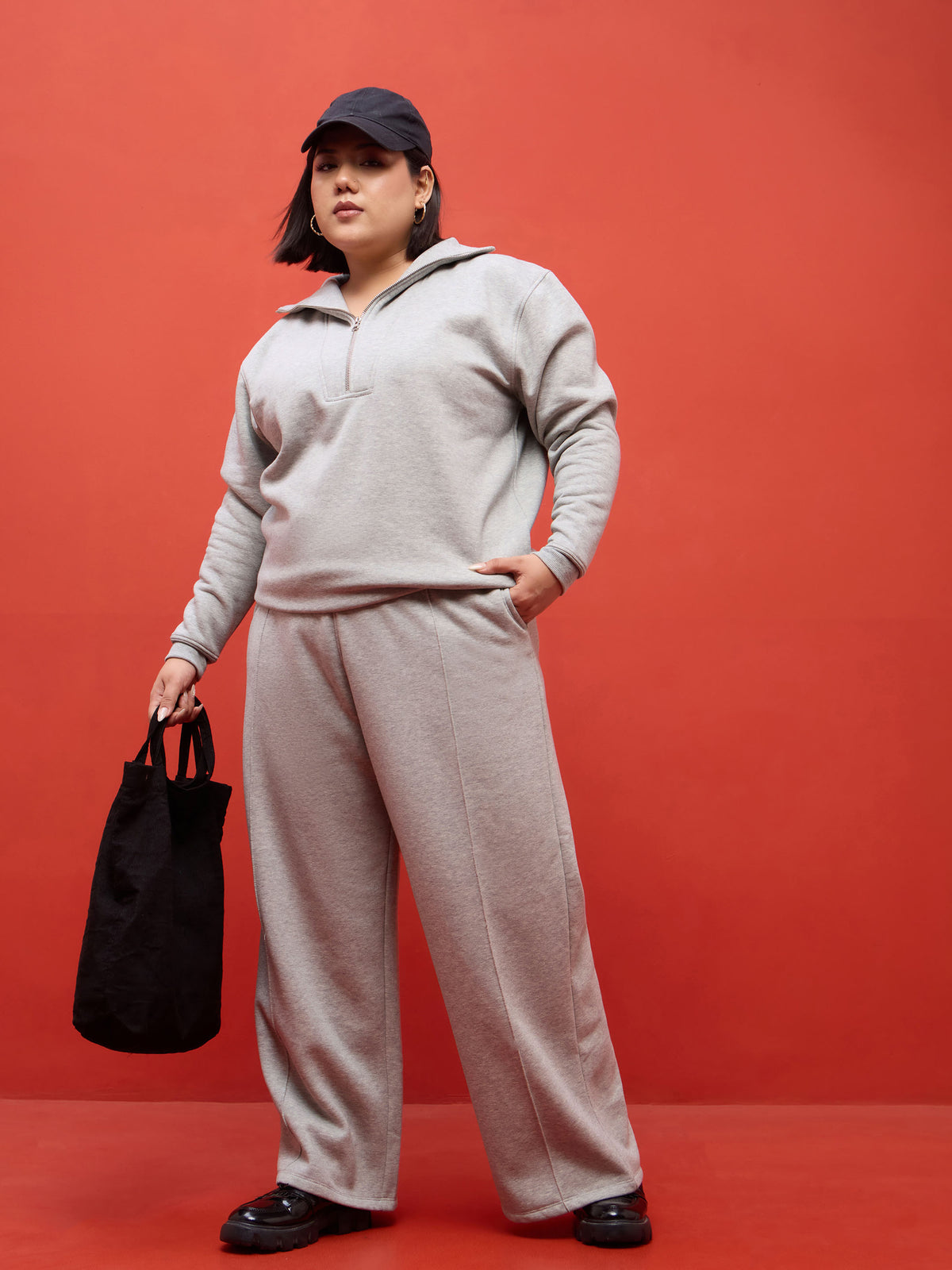 Grey Melange Track Pants-SASSAFRAS Curve