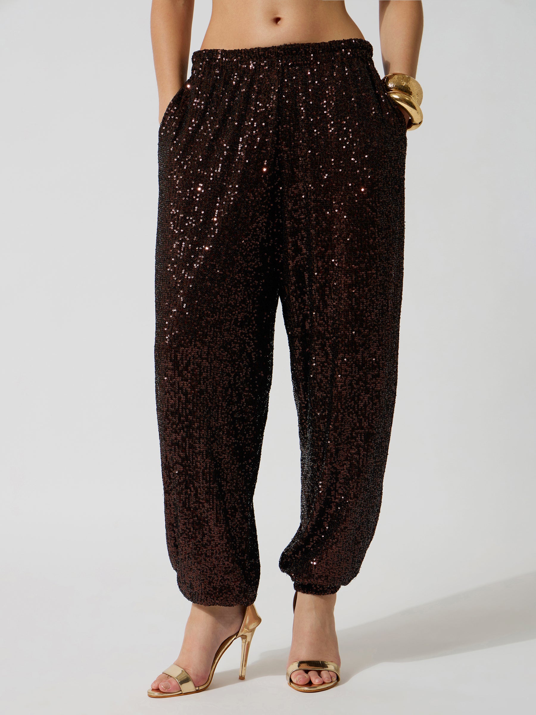 Brown Sequence Elasticated Waistband Balloon Pants-SASSAFRAS