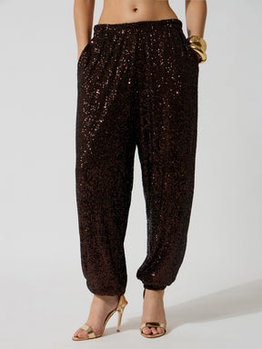 Brown Sequence Elasticated Waistband Balloon Pants-SASSAFRAS