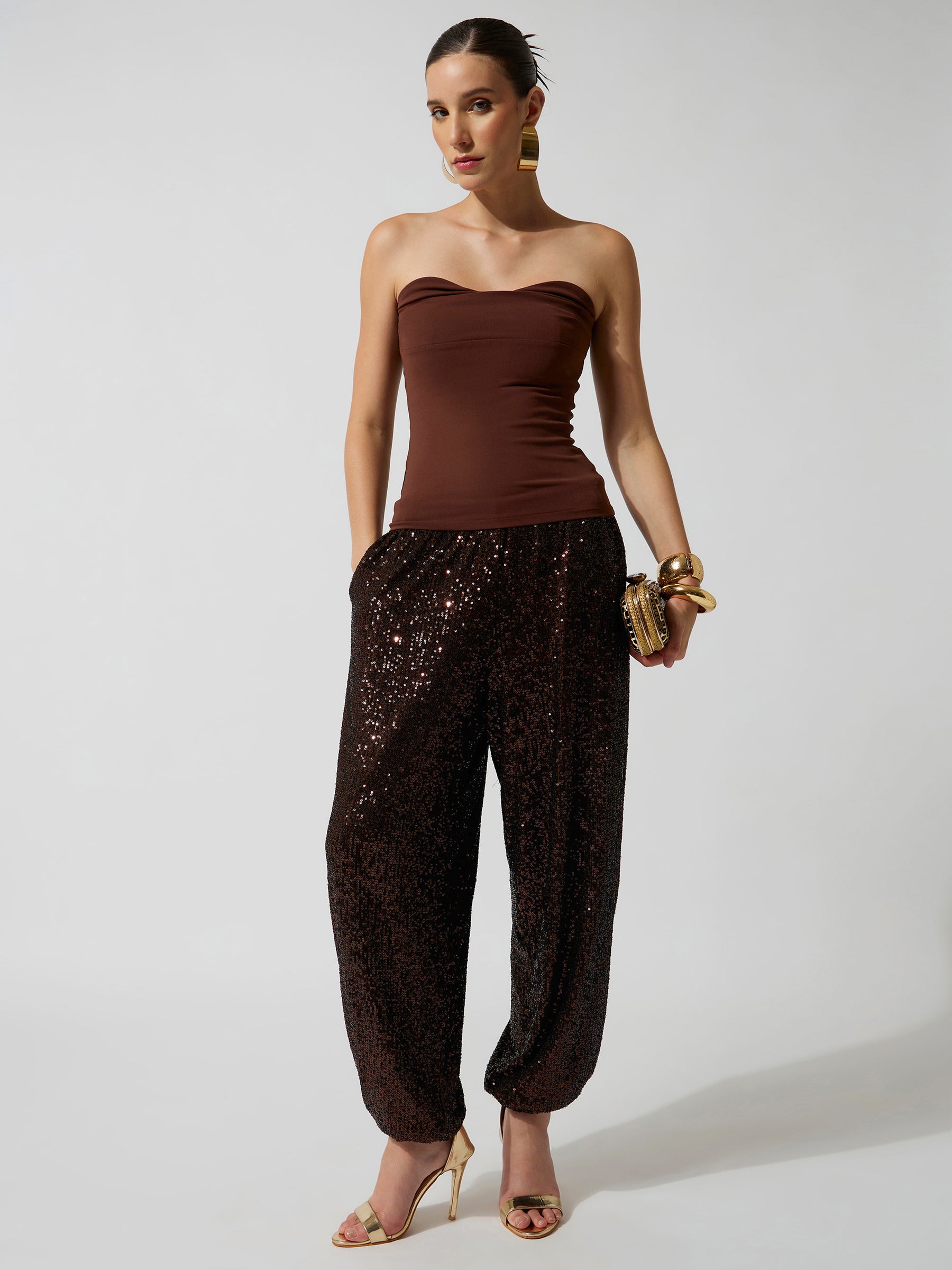 Brown Sequence Elasticated Waistband Balloon Pants-SASSAFRAS