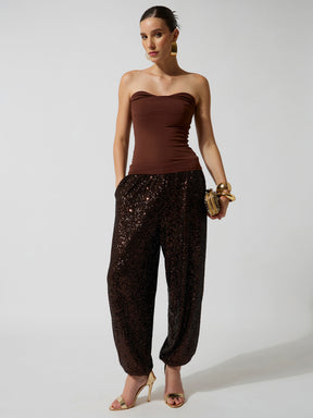 Brown Sequence Elasticated Waistband Balloon Pants-SASSAFRAS