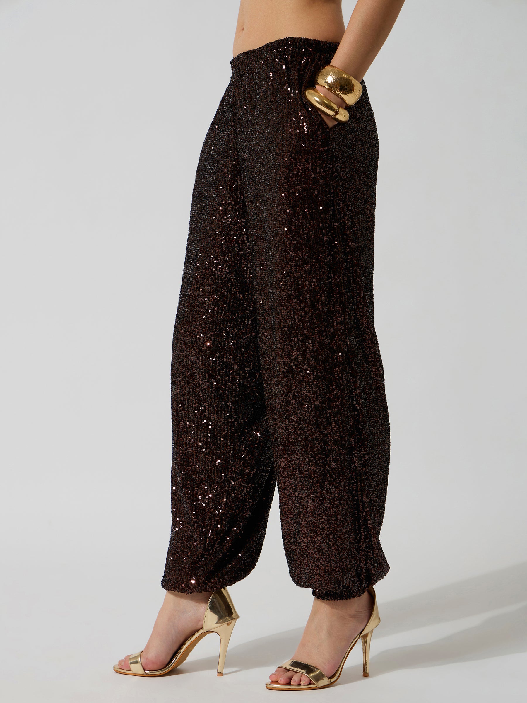 Brown Sequence Elasticated Waistband Balloon Pants-SASSAFRAS