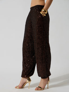 Brown Sequence Elasticated Waistband Balloon Pants-SASSAFRAS