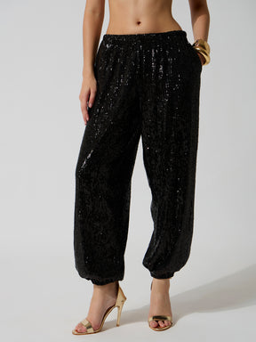 Black Sequence Elasticated Waistband Balloon Pants-SASSAFRAS