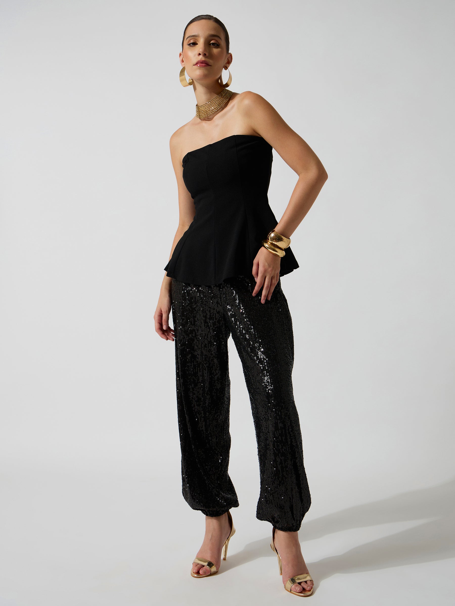 Black Sequence Elasticated Waistband Balloon Pants-SASSAFRAS
