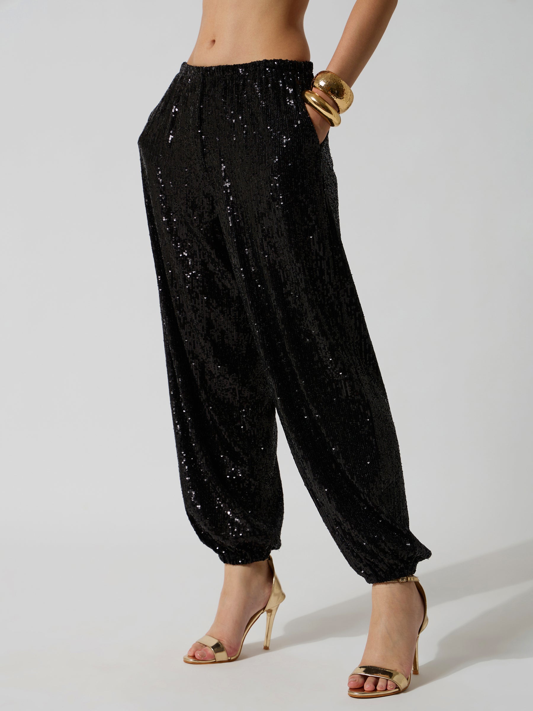 Black Sequence Elasticated Waistband Balloon Pants-SASSAFRAS