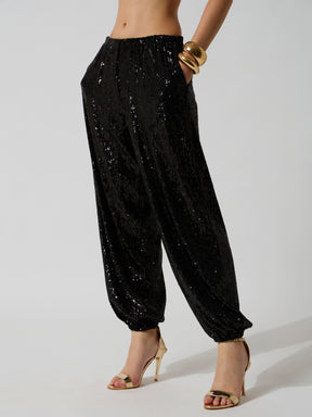Black Sequence Elasticated Waistband Balloon Pants-SASSAFRAS