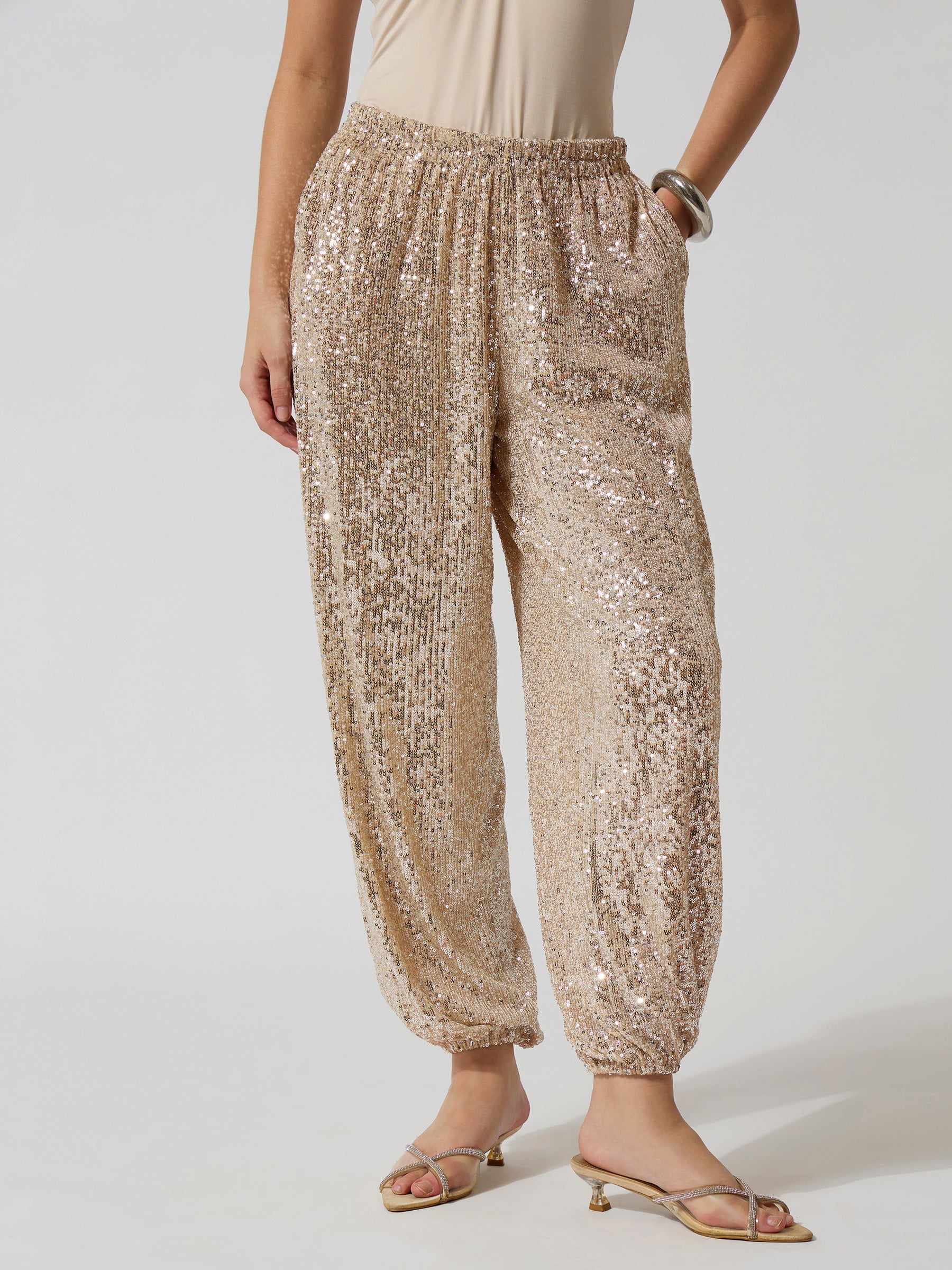 Off-White & Silver Sequence Elasticated Waistband Balloon Pants-SASSAFRAS