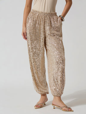 Off-White & Silver Sequence Elasticated Waistband Balloon Pants-SASSAFRAS