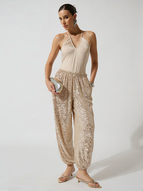 Off-White & Silver Sequence Elasticated Waistband Balloon Pants-SASSAFRAS