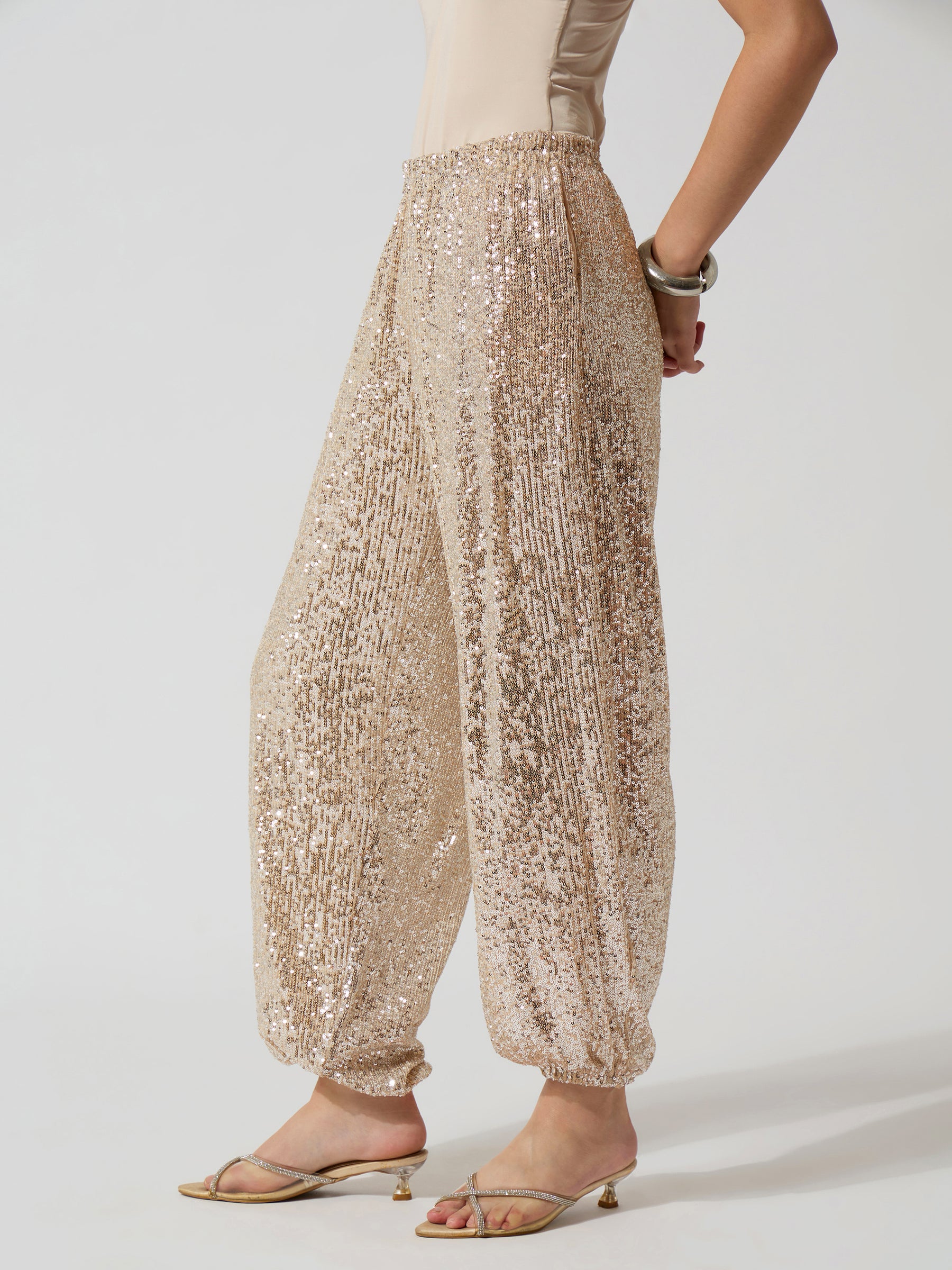Off-White & Silver Sequence Elasticated Waistband Balloon Pants-SASSAFRAS