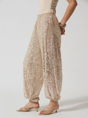 Off-White & Silver Sequence Elasticated Waistband Balloon Pants-SASSAFRAS
