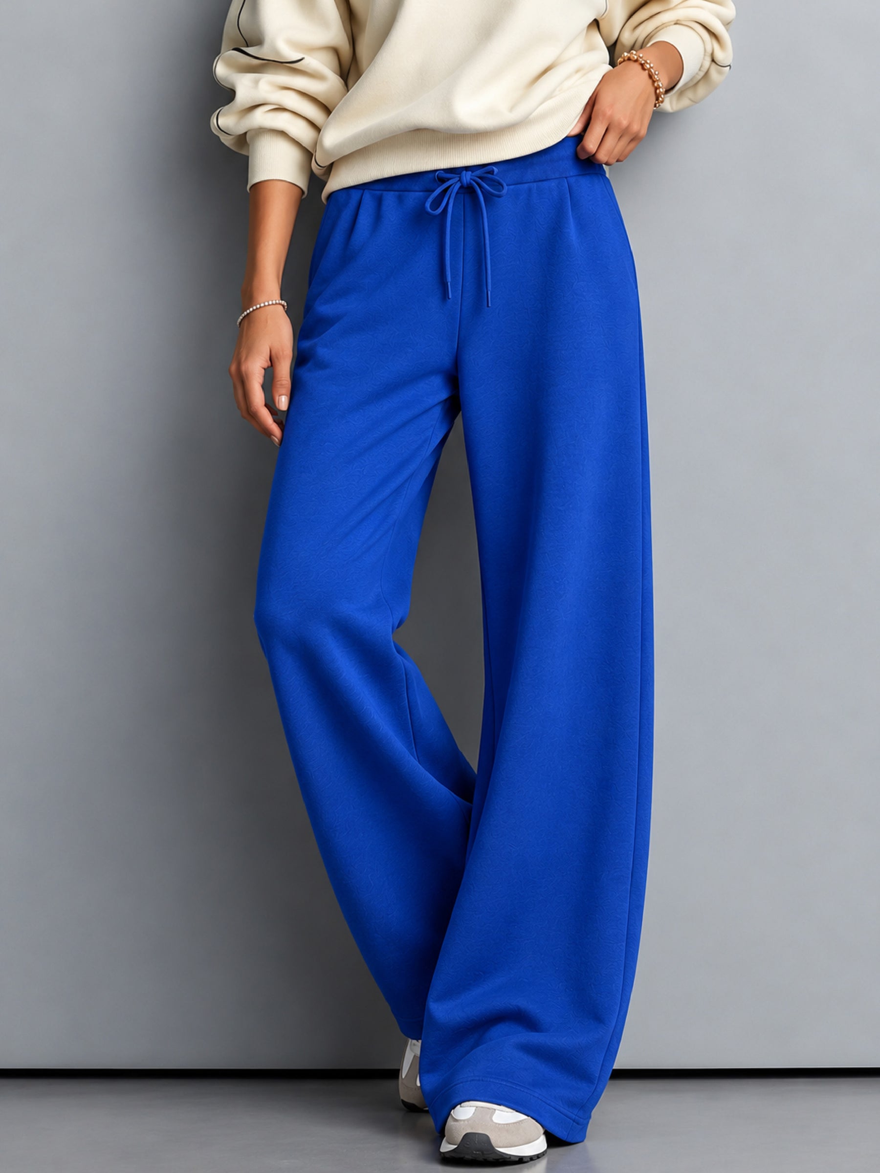 Royal Blue Terry Wide Leg Drawstring Pants-SASSAFRAS