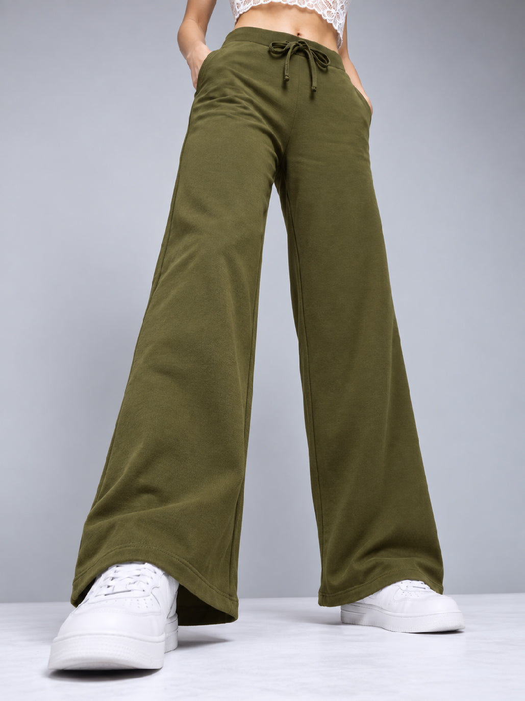 Olive Terry Drawstring Wide Leg Pants