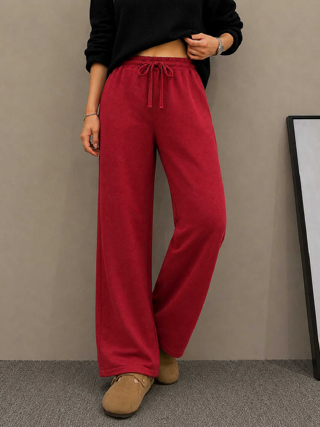 Maroon Terry Drawstring Wide Leg Pants