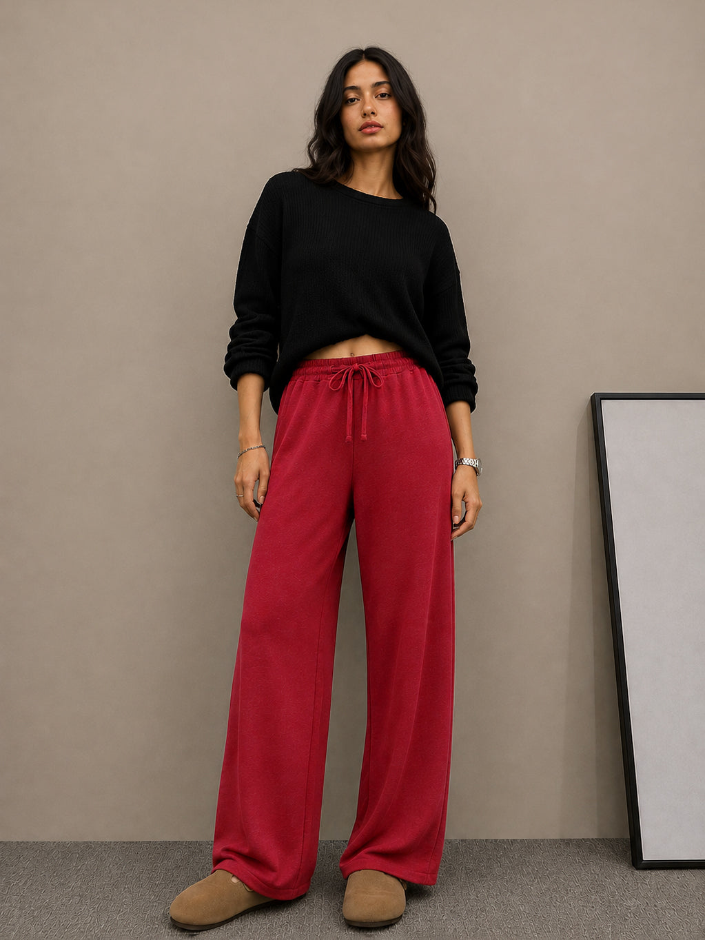 Maroon Terry Drawstring Wide Leg Pants