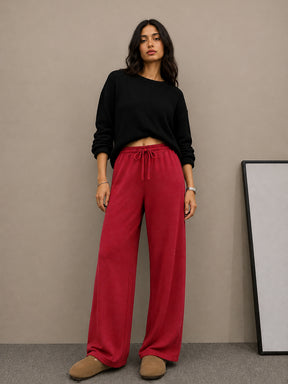 Maroon Terry Drawstring Wide Leg Pants