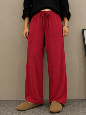 Maroon Terry Drawstring Wide Leg Pants