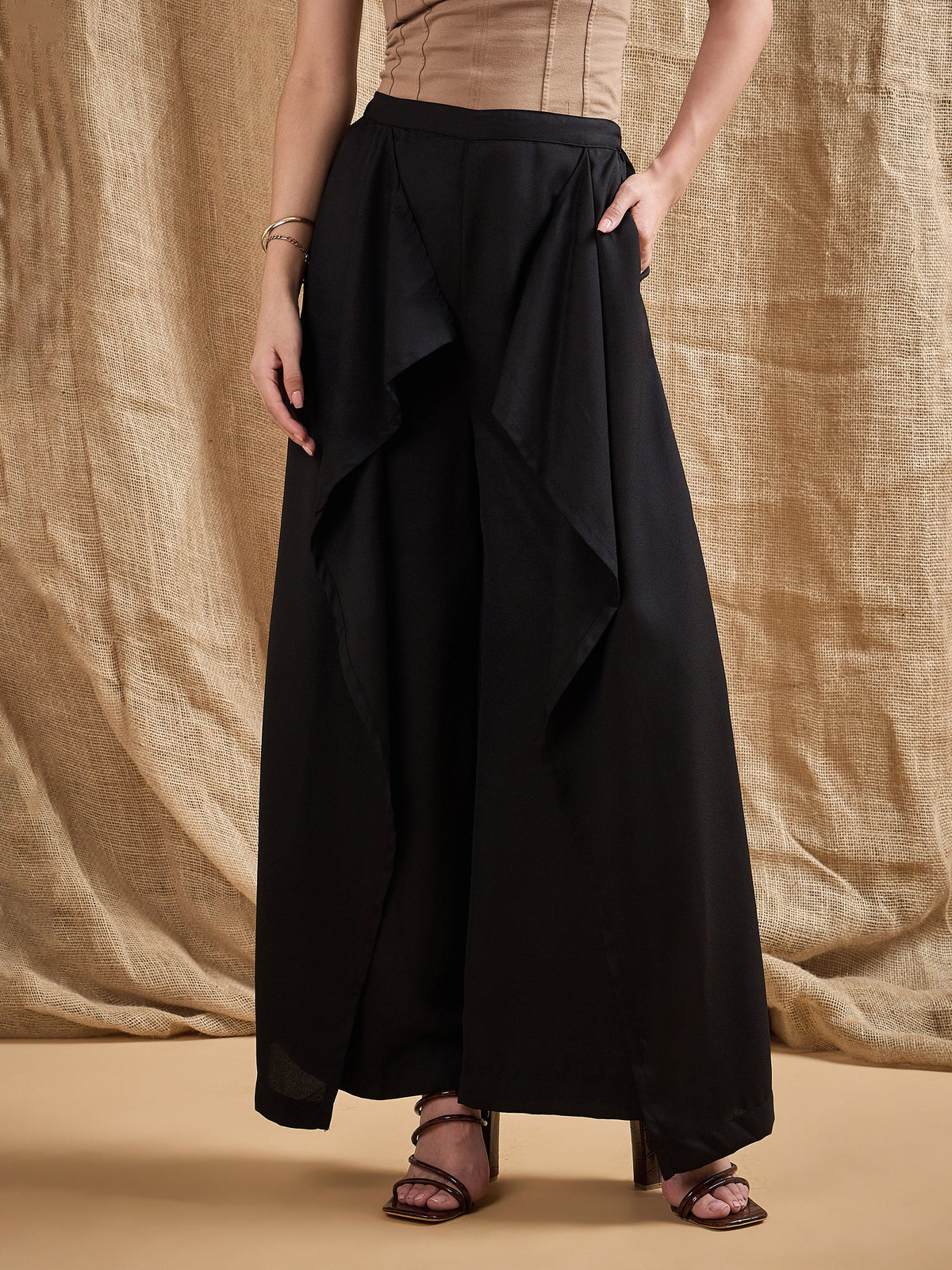 Black Front Frill Pants-SASSAFRAS