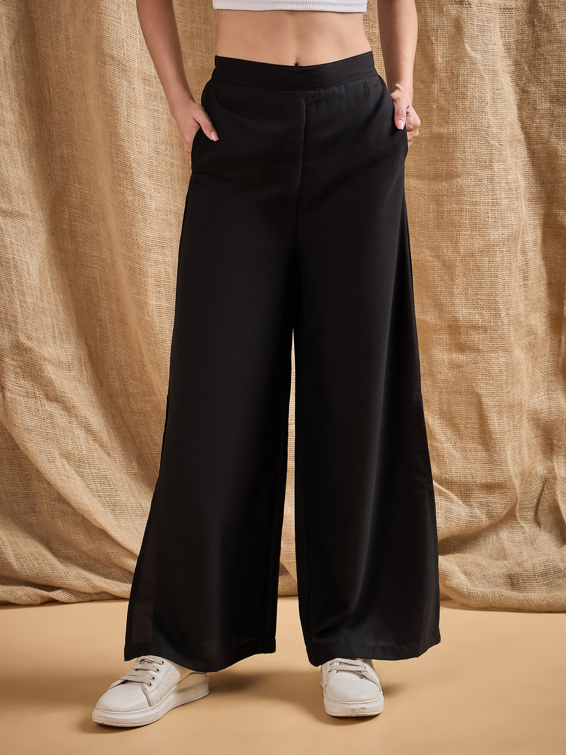 Black Side Slit Peekaboo Comfort Pants-SASSAFRAS