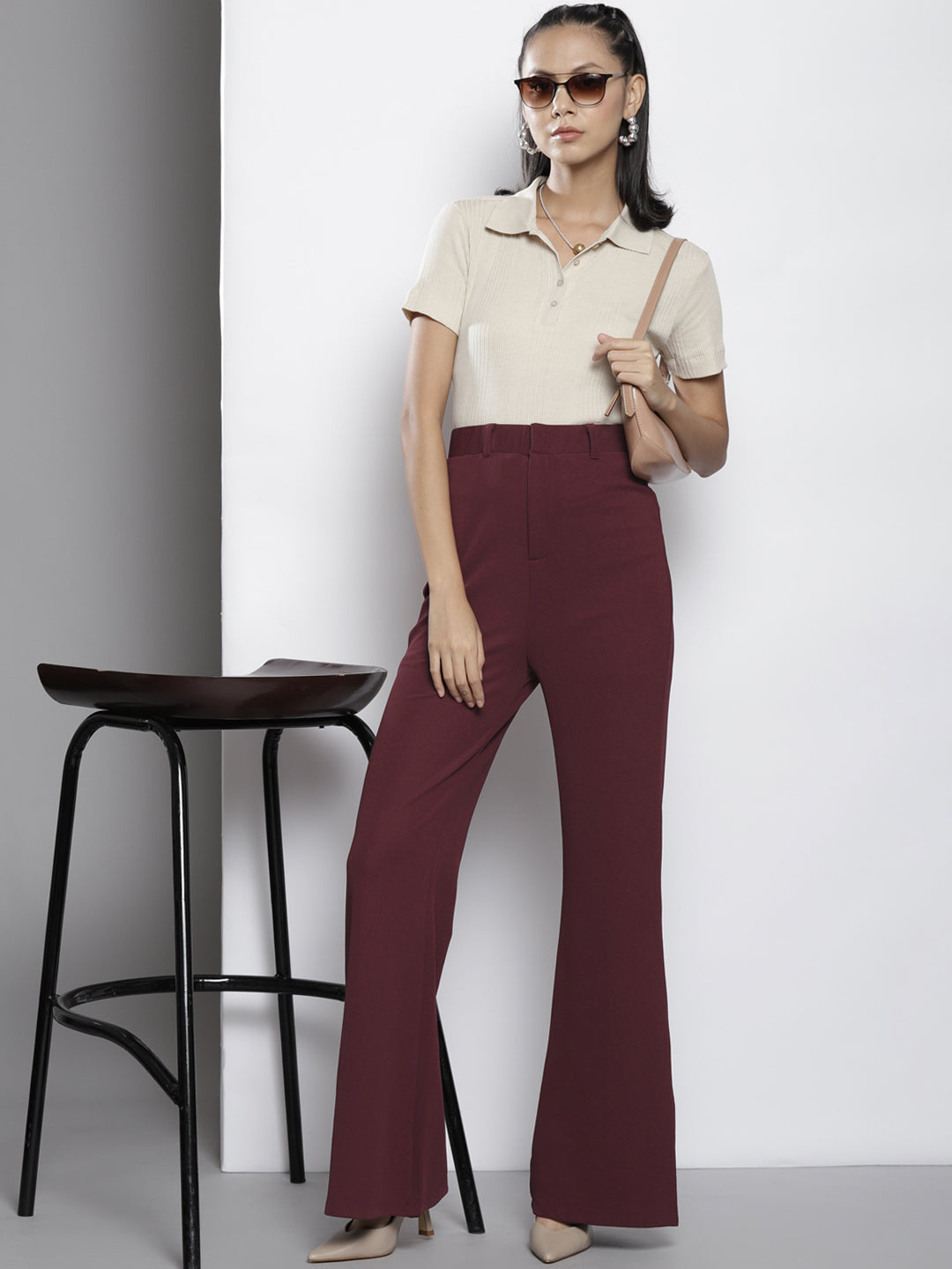 Buy Burgundy Cotton Solid Straight Pants Online in India