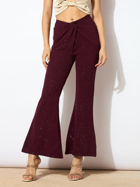 Burgundy Shimmer Twisted Bellbottom Pants-SASSAFRAS